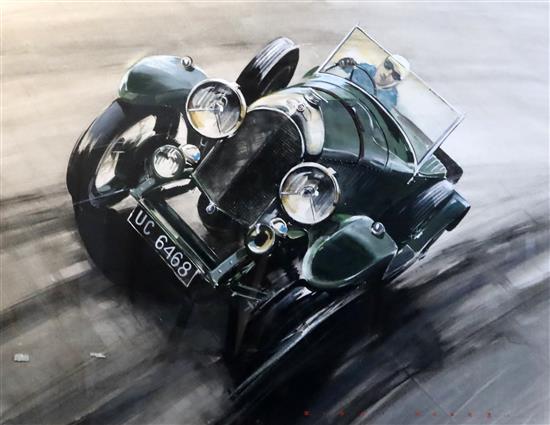 Dion Pears (1929-1985) UC6468 3 litre Bentley 1928 Le Mans, at Brooklands 23 x 30in.